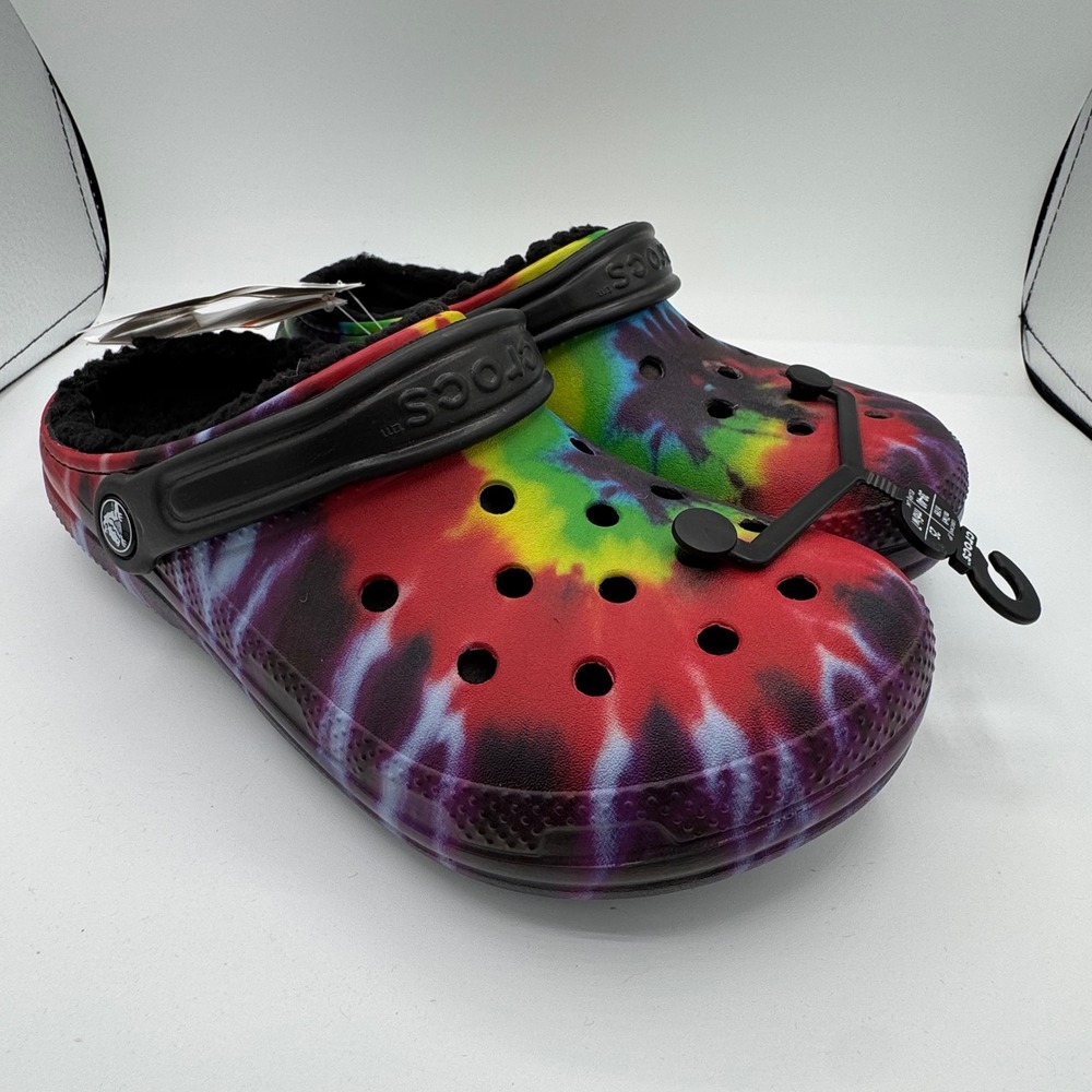 Crocs Classic Lined Tie Dye Clog Multi Color Black Fuzzy M7 W9 206341-988 NWT